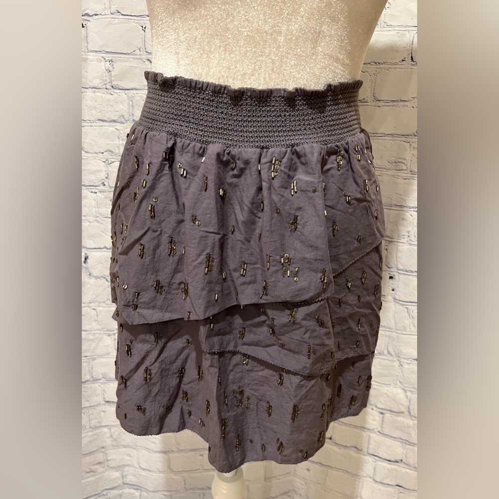 American Eagle Outfitters Grey Beaded Layered Mini Pull On Skirt Medium